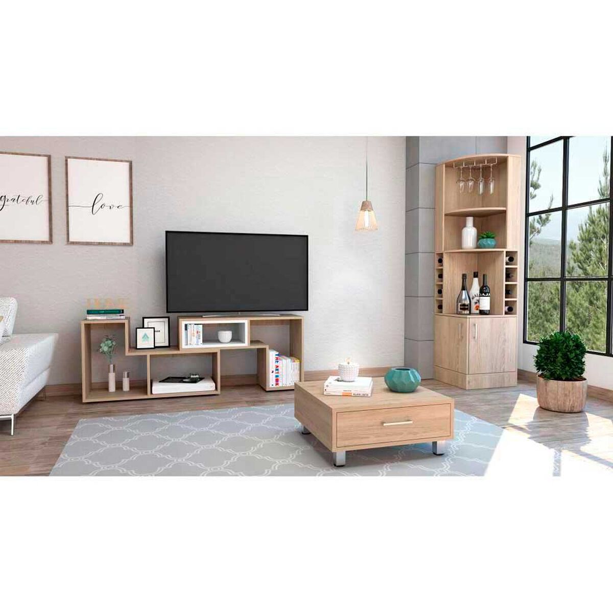 Combo Bar Esquinero + Rack Extensible TV40 + Mesa de Centro TuHome Beijing Rovere