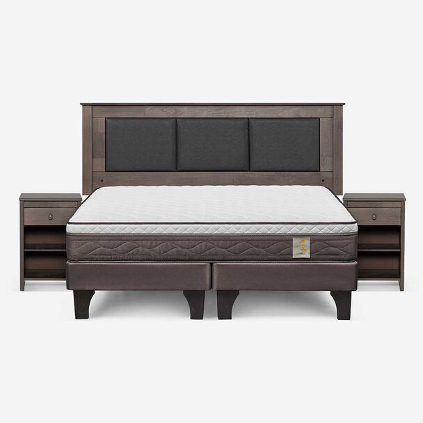 Cama Europea Rosen Base Dividida King New Style 4 Plus + Respaldo Rachel Gris + 2 Veladores