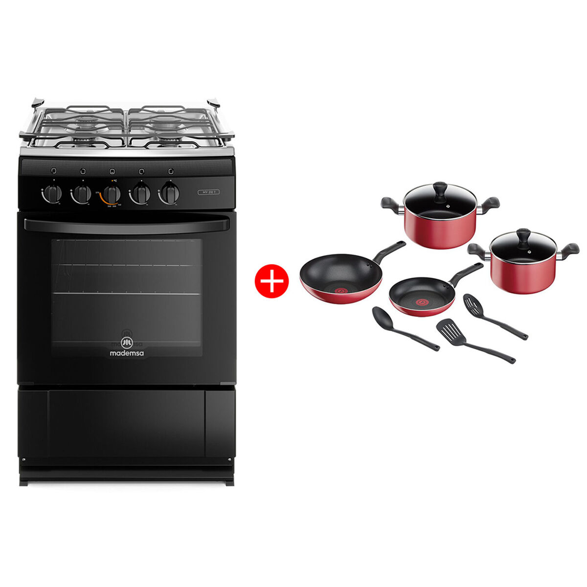 Combo Cocina a Gas Mademsa MV 120 T 4 Quemadores + Batería de Cocina Aluminio Tefal 9 Piezas
