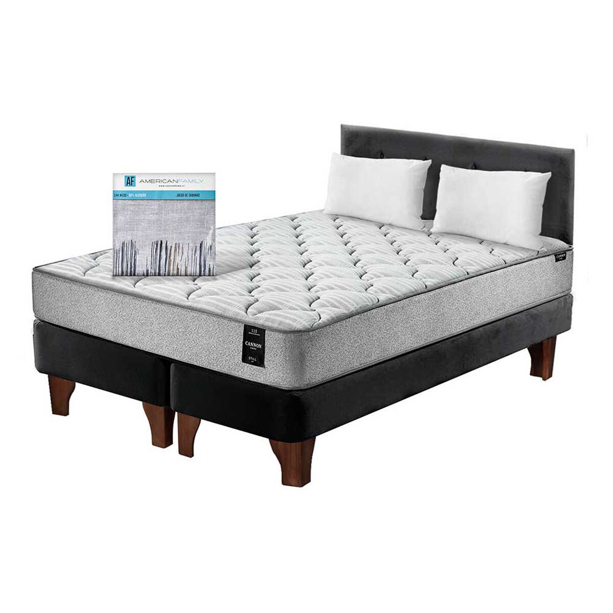 Cama Europea Latam Home Base Dividida 2 Plazas Cannon + 2 Almohadas + Sábanas + Respaldo Tela Negro