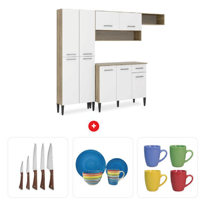 Combo Mueble de Cocina Roca Arizona 1 Cajón 9 Puertas Blanco + Juego de Vajilla Casanova SDH1223 24 Piezas Turquesa + Set 5 Cuchillos Zibel RL-FK609 Acero + Set 4 Mugs Casanova MG-0518 Colores