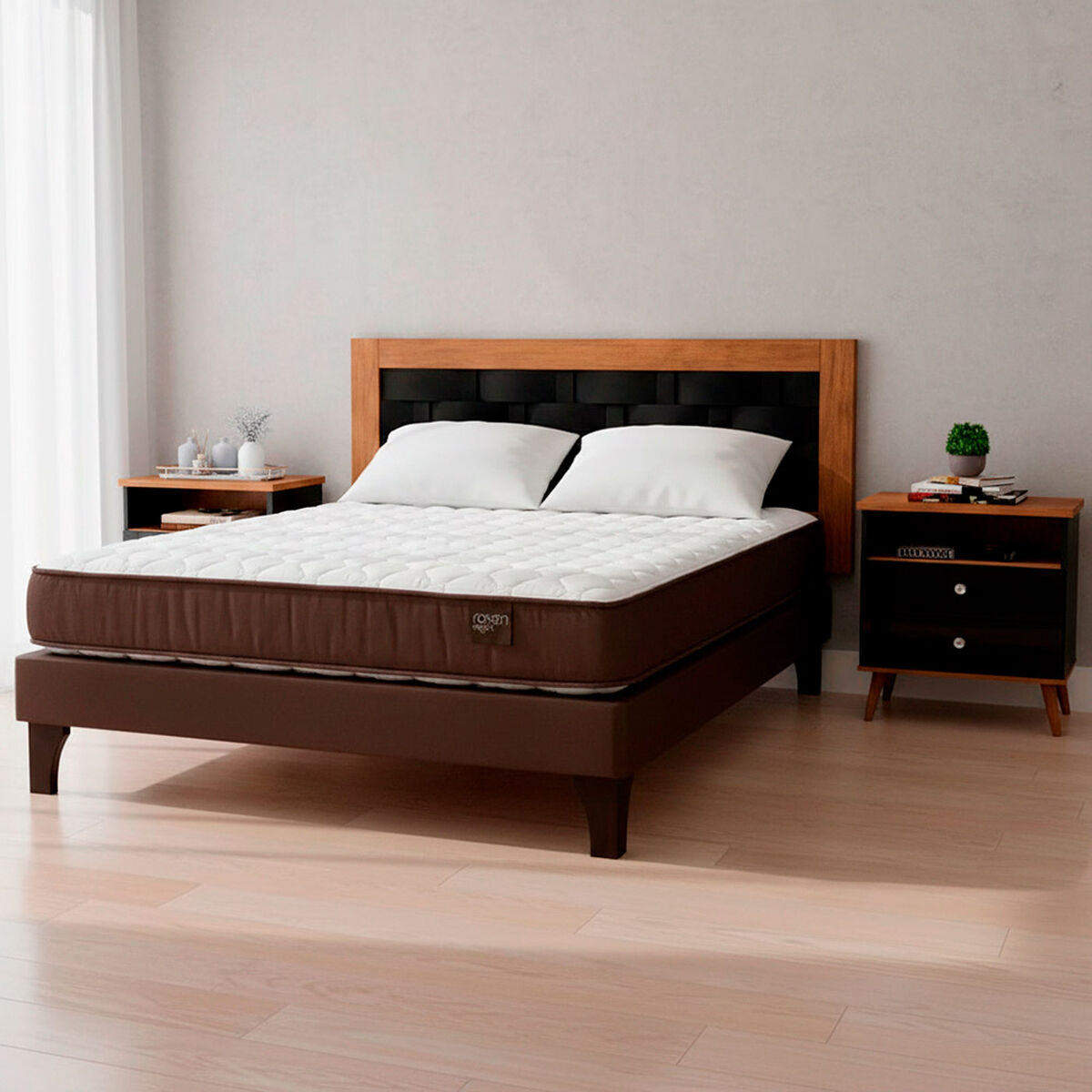 Cama Europea Rosen 2 Plazas Ergo T + Respaldo + 2 Veladores Dreams + Pack Almohadas Casa Linda