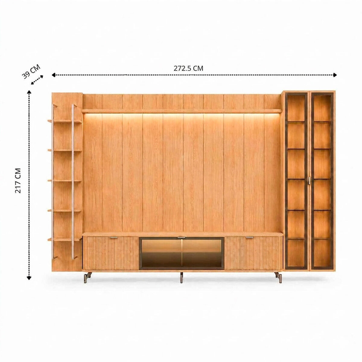 Rack TV 75" + Panel Neon Float LED + Vitrina 2 Puertas + Repisas Decocasa Carvalho