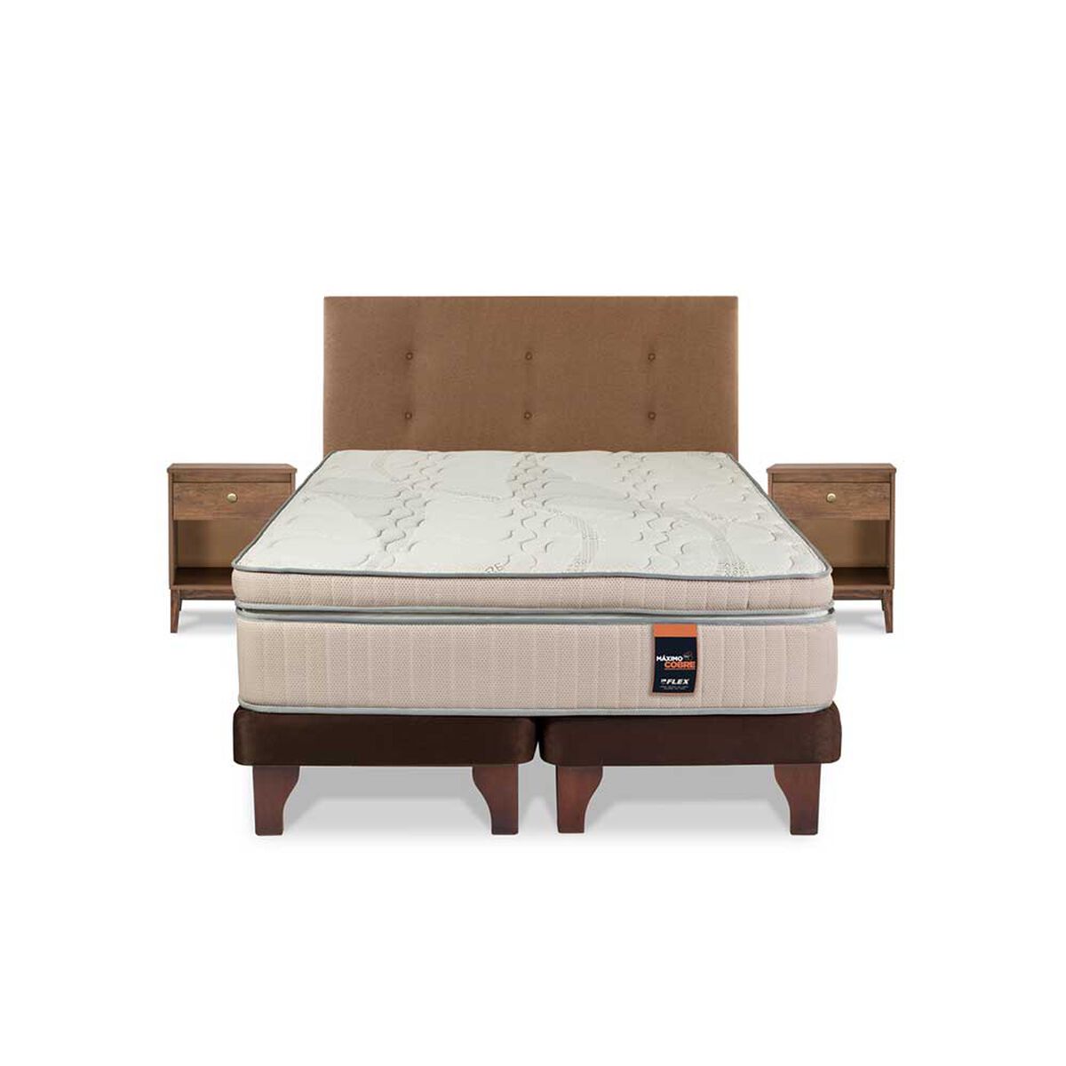 Cama Europea Flex Base Dividida 2 Plazas Máximo Cobre + Respaldo + 2 Veladores