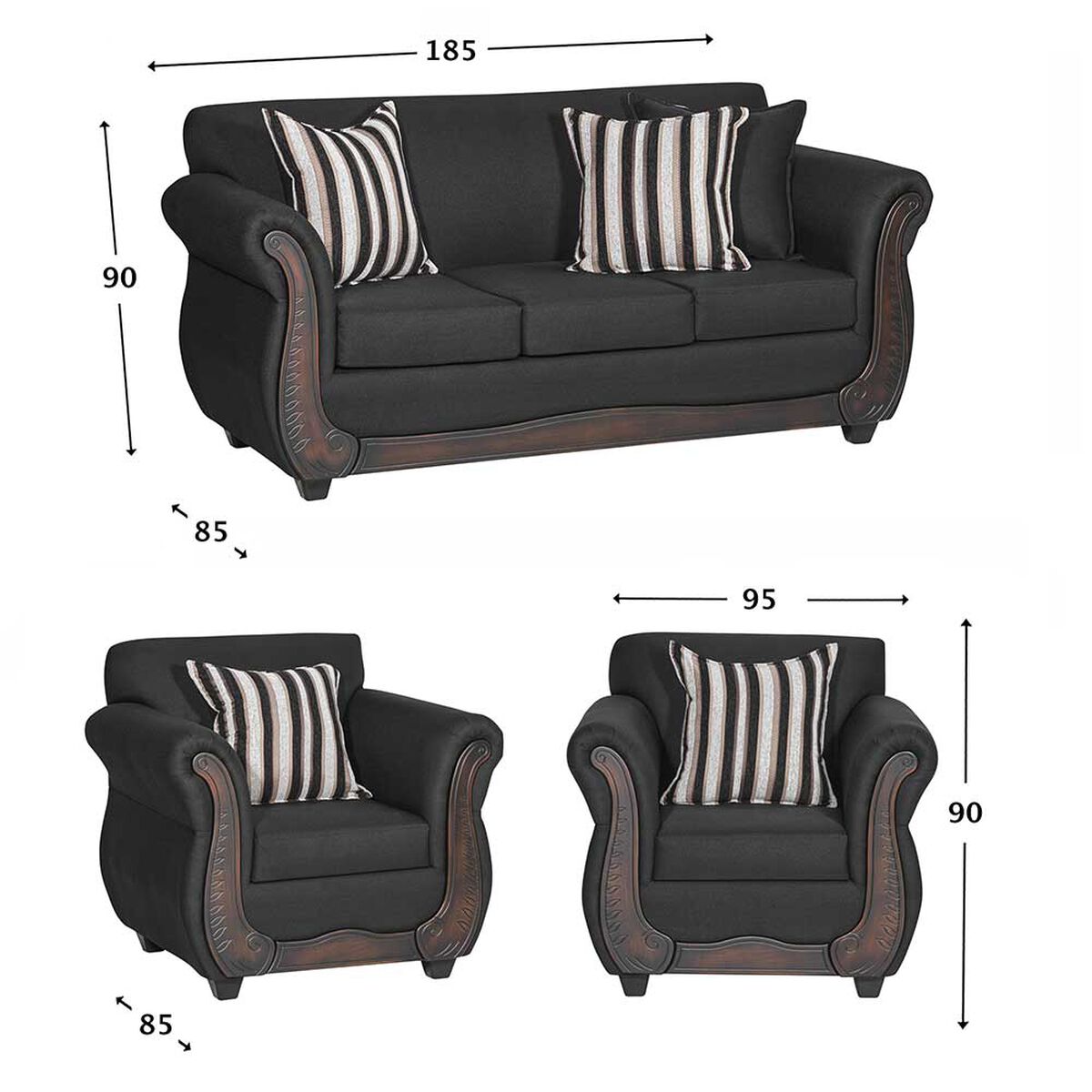Juego de Living  Muebles M&E Llanquihue Sofá 3 Cuerpos + Dos Sillones 1 Cuerpo Negro
