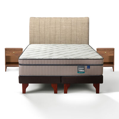 Cama Europea Flex Base Dividida 2 Plazas M&aacute;ximo Cobre  + Respaldo Tubular Beige + 2 Veladores Atenas