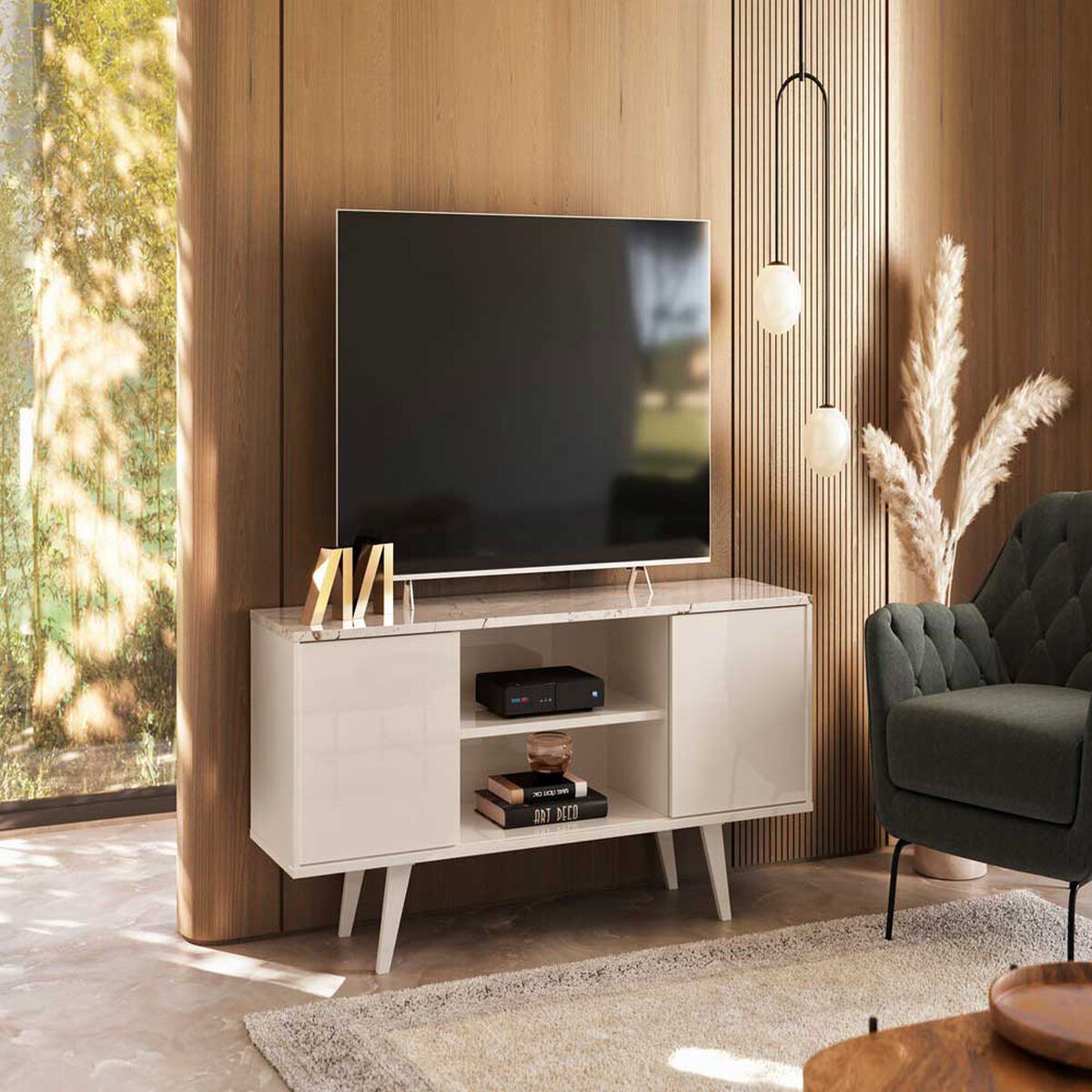 Rack TV Lisboa Altavision Hasta 50" Blanco Marmolado y Blanco