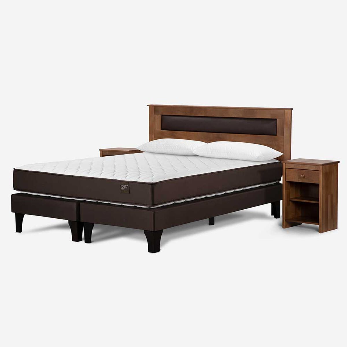 Cama Europea Rosen Base Dividida King Ergo T+ Respaldo +2 Veladores Ferrera + 2 Almohadas Light