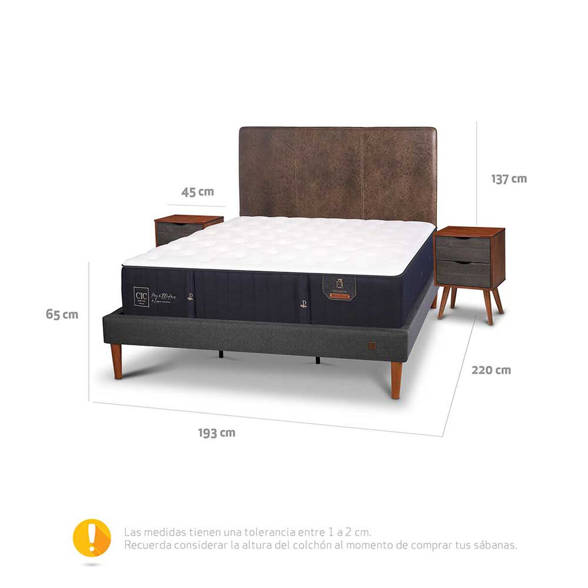 Cama Europea CIC King Premium + Respaldo + Veladores