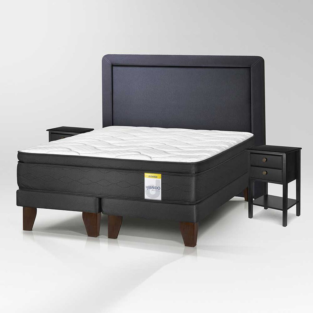 Cama Europea Drimkip 2 Plazas Hibrido Premium + Respaldo + 2 Veladores