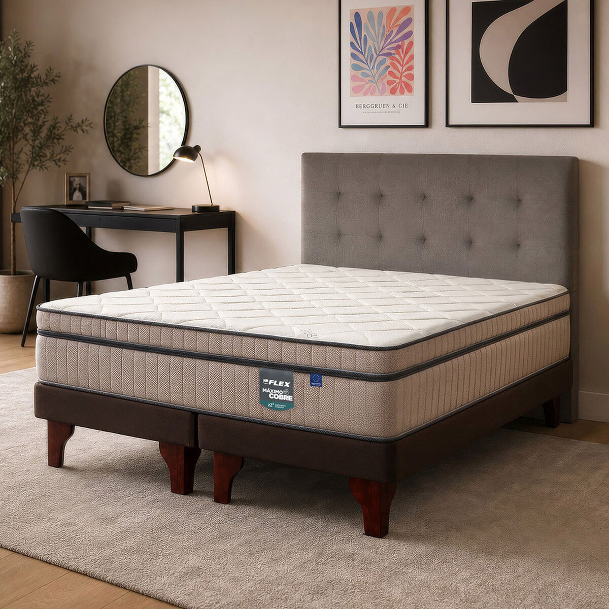 Cama Europea Flex Base Dividida 2 Plazas M&aacute;ximo Cobre + Respaldo Design Gris