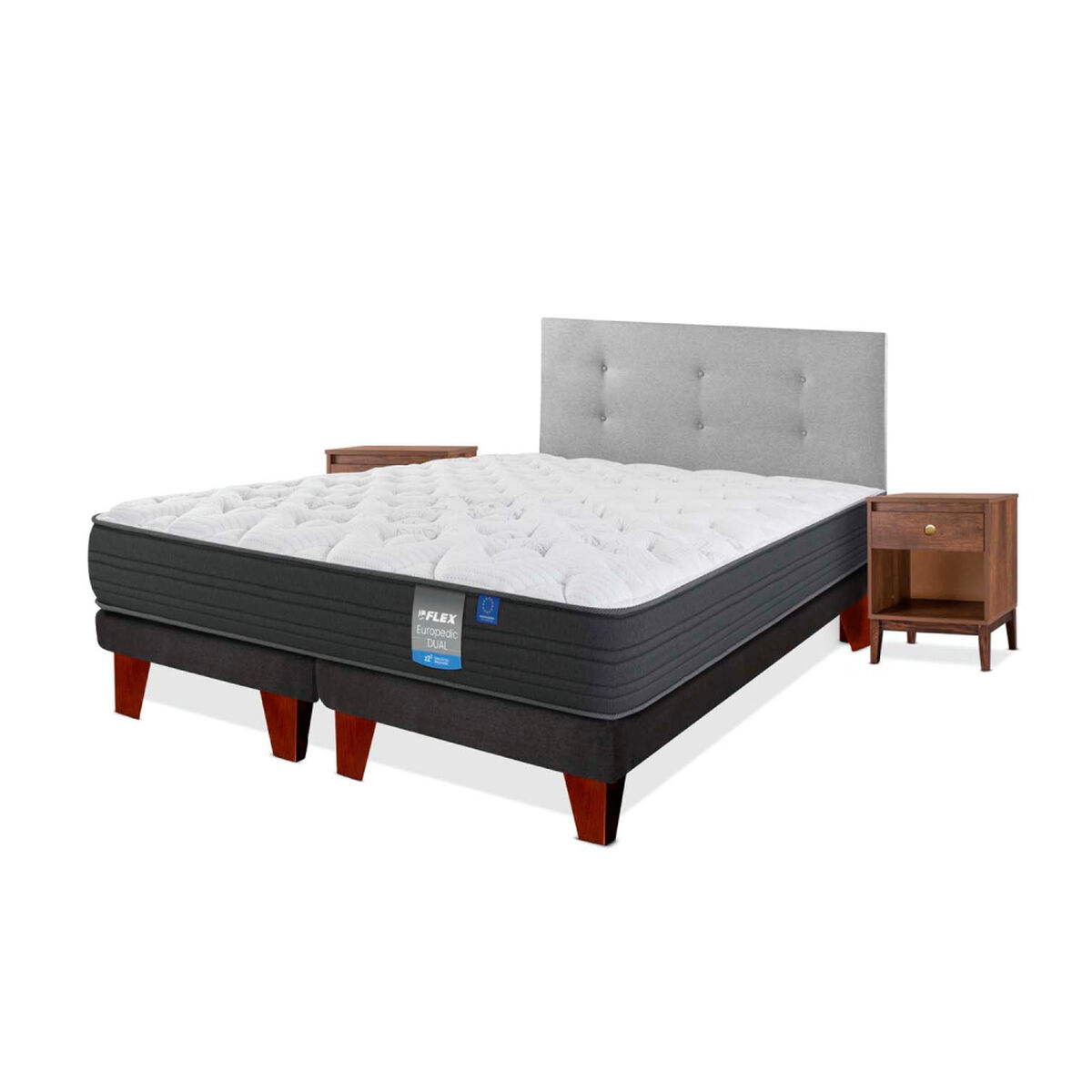 Cama Europea Europedic Dual 2 Plazas Box B/D + Respaldo Royal Gris + Velador Atenas