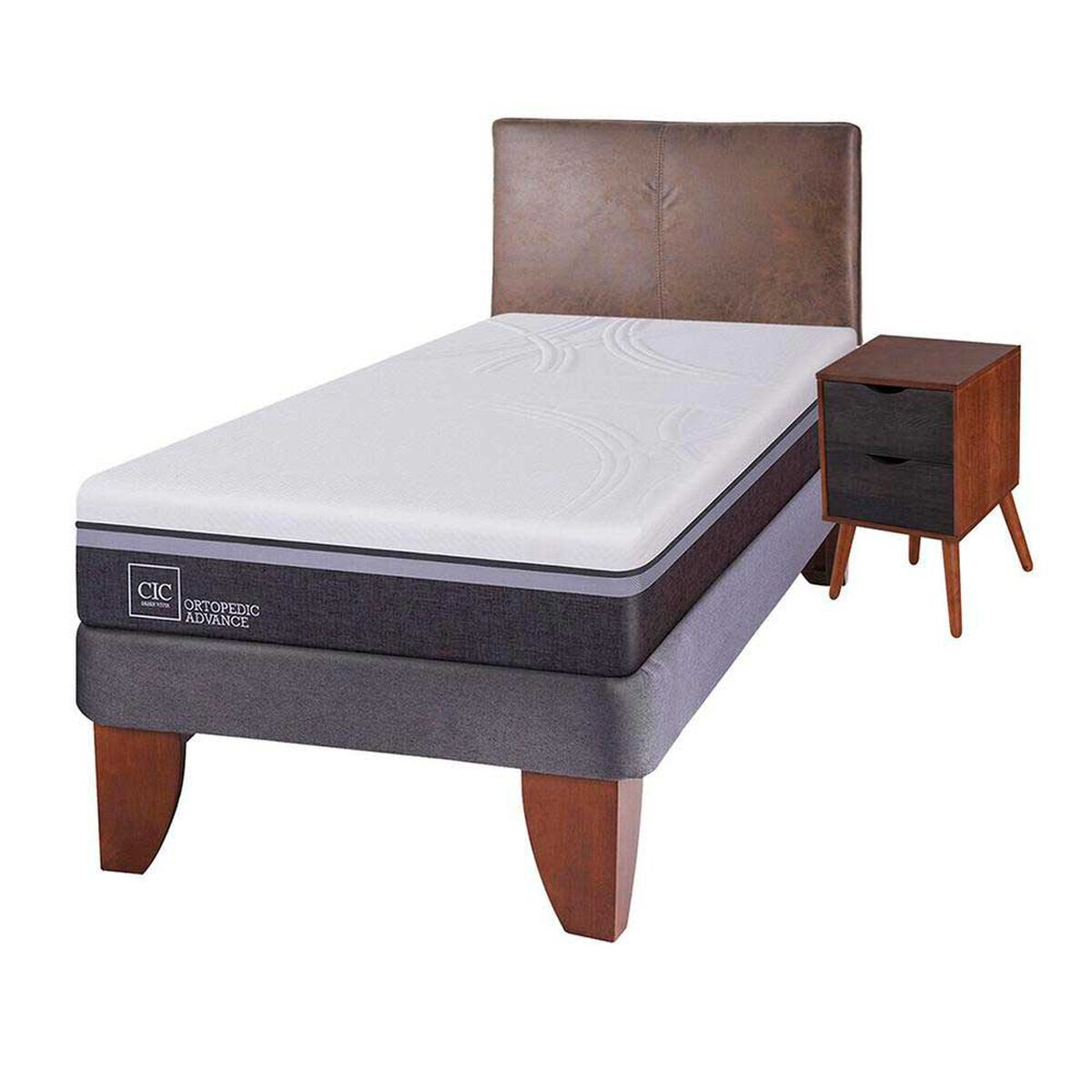 Cama Europea CIC 1,5 Plazas Ortopedic Advance + Respaldo + Velador Baker