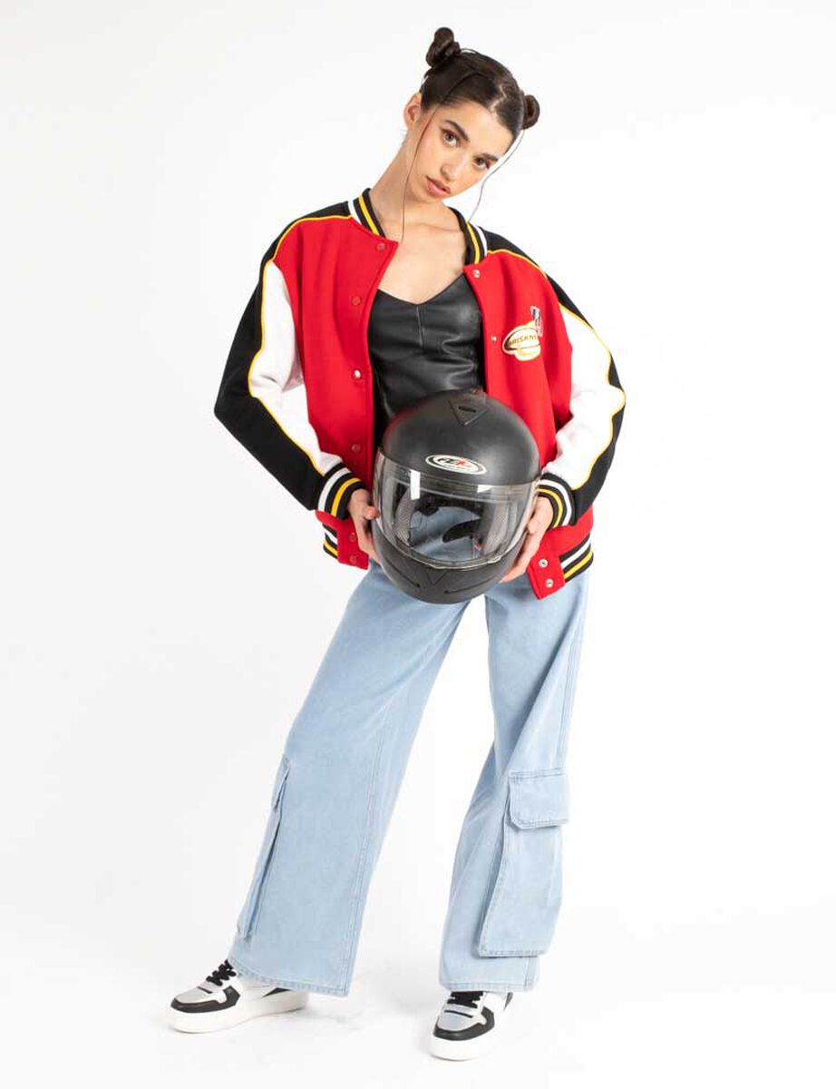 Chaqueta Bomber Varsity Oversized Mujer Icono