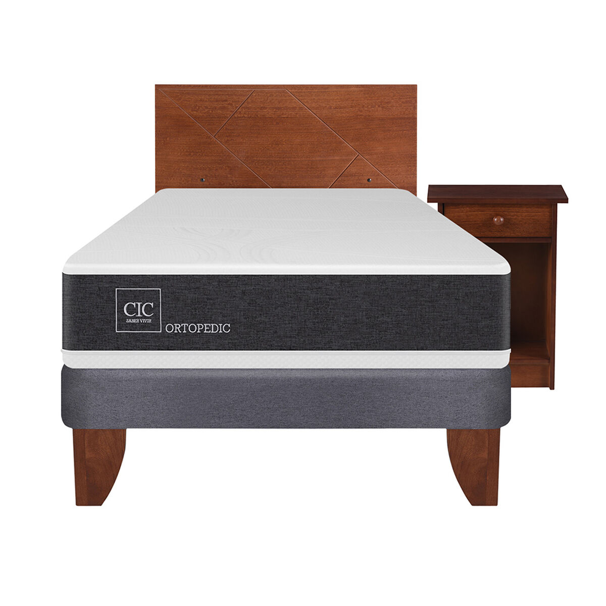 Cama Europea CIC 1,5 Plazas Ortopedic + Respaldo + Velador New Villarrica