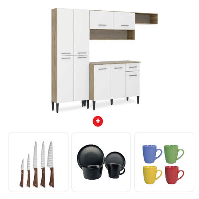 Combo Mueble de Cocina Roca Arizona 1 Cajón 9 Puertas Blanco + Juego de Vajilla Zibel SDC1318N 24 Piezas Negro + Set 5 Cuchillos Zibel RL-FK609 Acero + Set 4 Mugs Casanova MG-0518 Colores