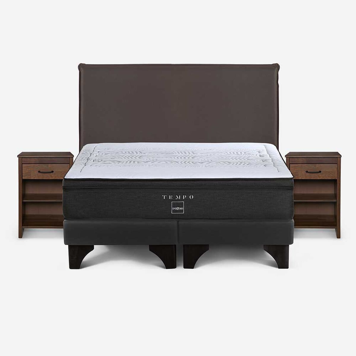 Cama Europea Rosen Base Dividida 2 Plazas Tempo + Respaldo + 2 Veladores Maurice Chocolate