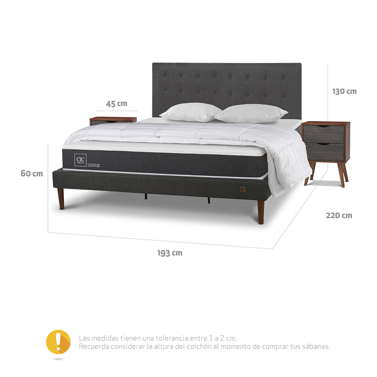 Cama Europea CIC King New Ortopedic + Respaldo Eufrates + 2 Veladores + Almohadas + Plum&oacute;n