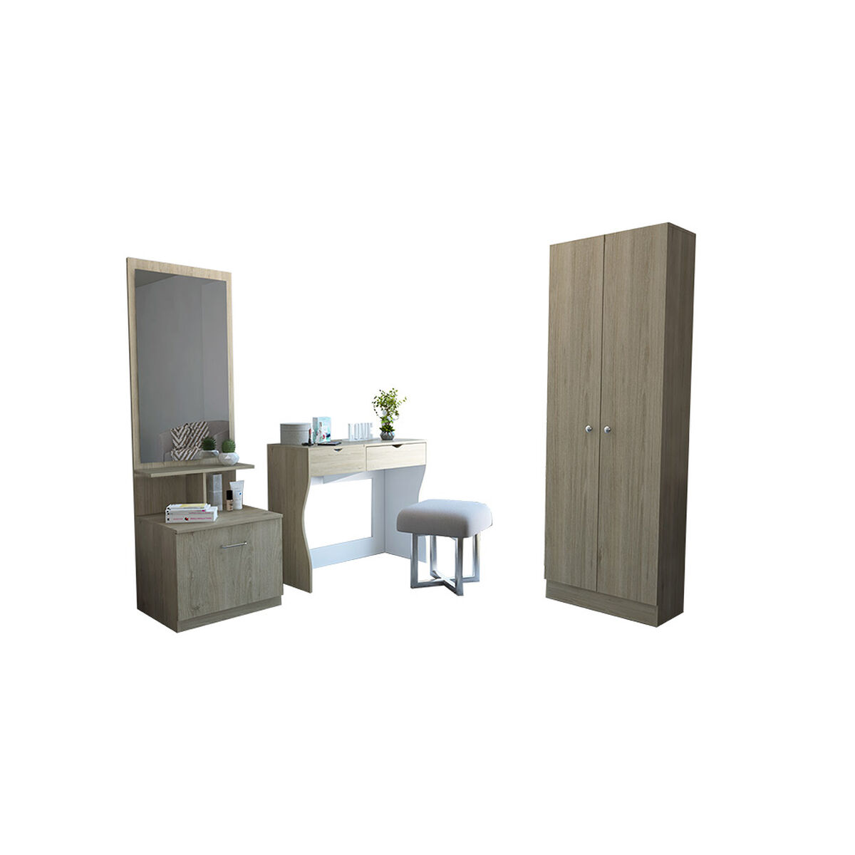 Clóset 2 Puertas + Mueble Tocador + Velador con Espejo TuHome Perla