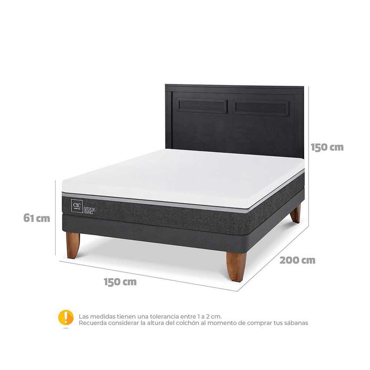 Cama Europea CIC 2 Plazas Ortopedic Advance + Respaldo Milan Negro