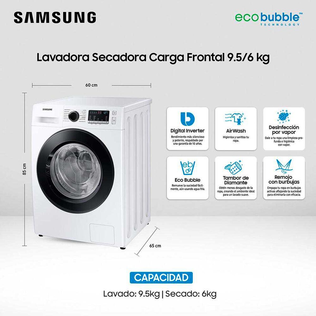 Lavadora Secadora Samsung WD95T4046CE/ZS 9,5/6 kg.