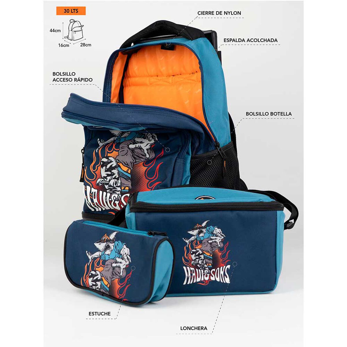 Pack Mochila Escolar con Ruedas, Lonchera y Estuche Maui