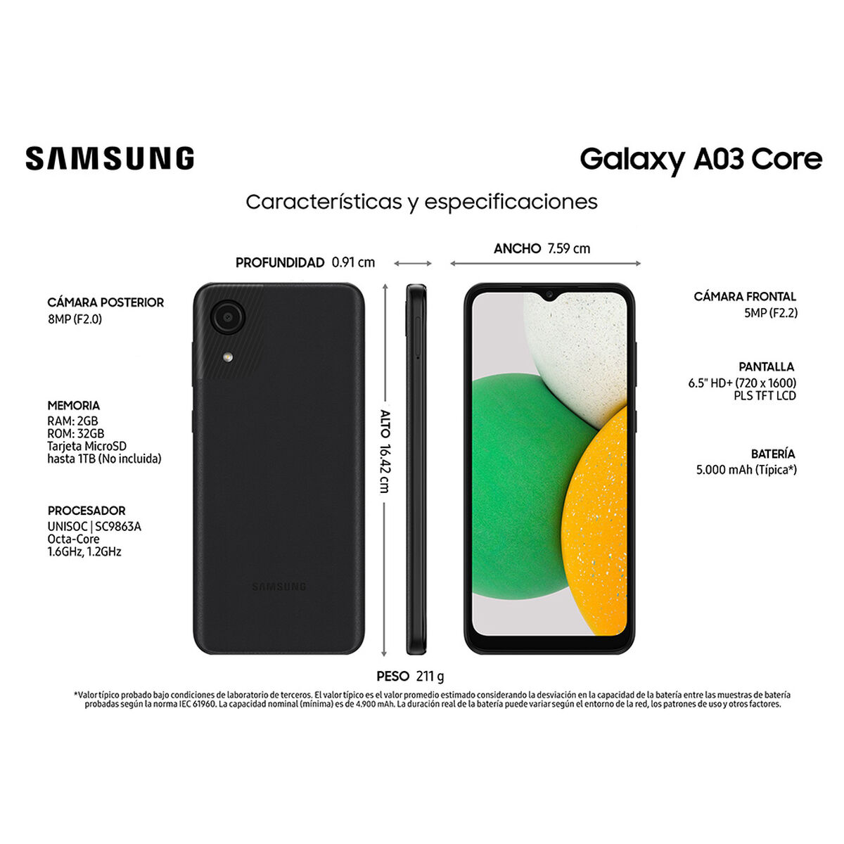 Celular Samsung Galaxy A03 Core 32GB 6,5" Negro Claro