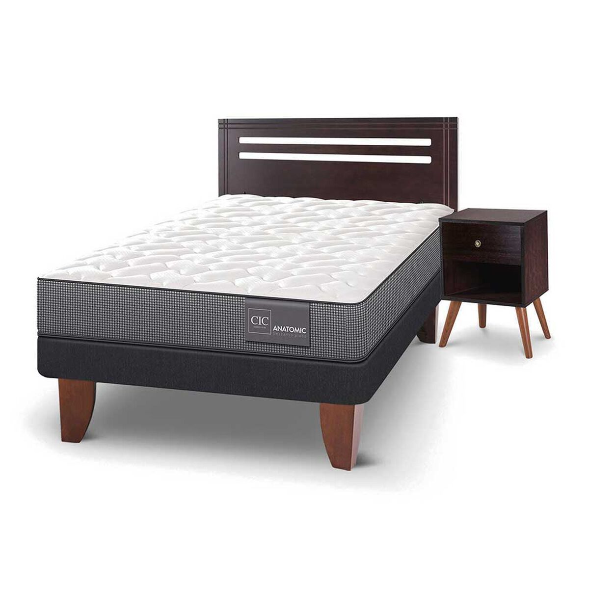 Cama Europea CIC 1,5 Plazas Anatomic + Respaldo + Velador Munich