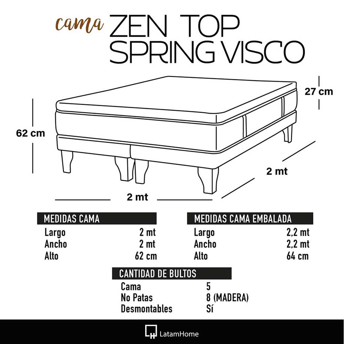 Cama Europea Latam Home Base Dividida Súper King Zen Top Spring Visco Velvet Burdeo