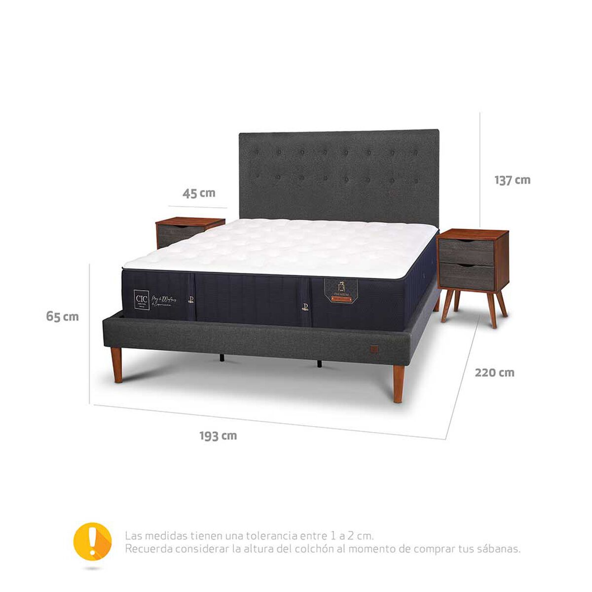 Cama Europea CIC King Premium + Respaldo + Veladores
