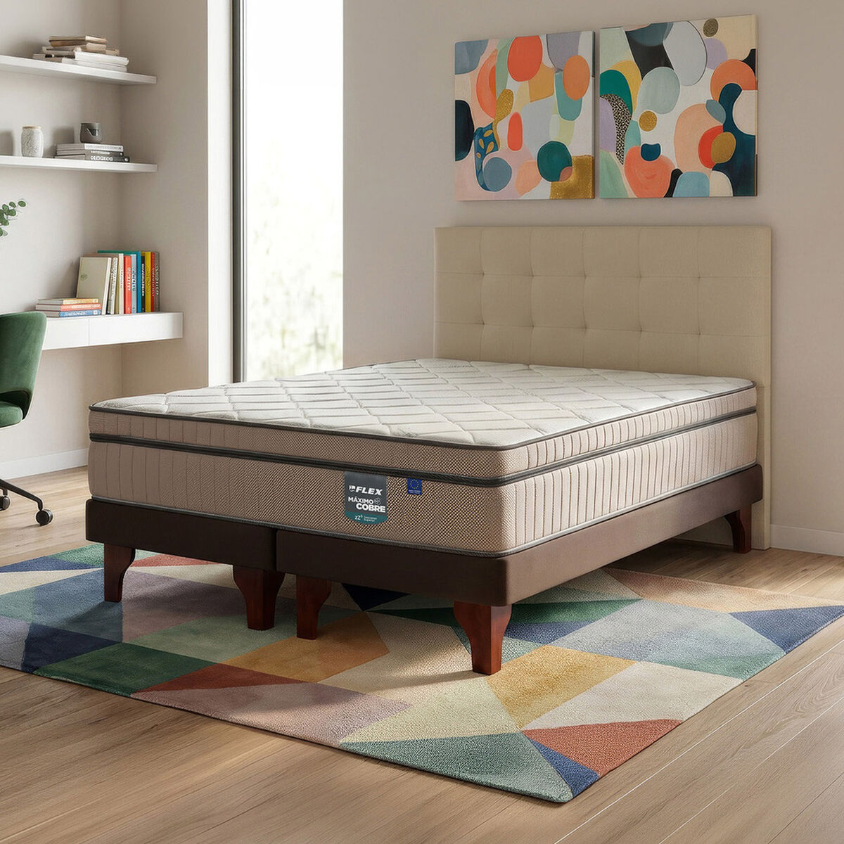 Cama Europea Flex Base Dividida 2 Plazas M&aacute;ximo Cobre + Respaldo Design Crudo