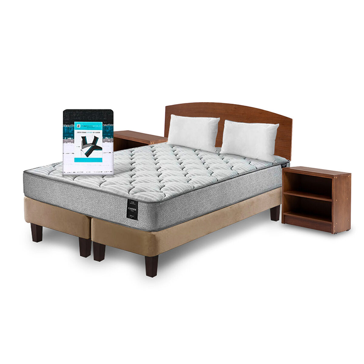Combo Cama Europea Latam Home 2 Plazas Cannon BD Tela Beige + Textil + Respaldo + 2 Veladores Atlas