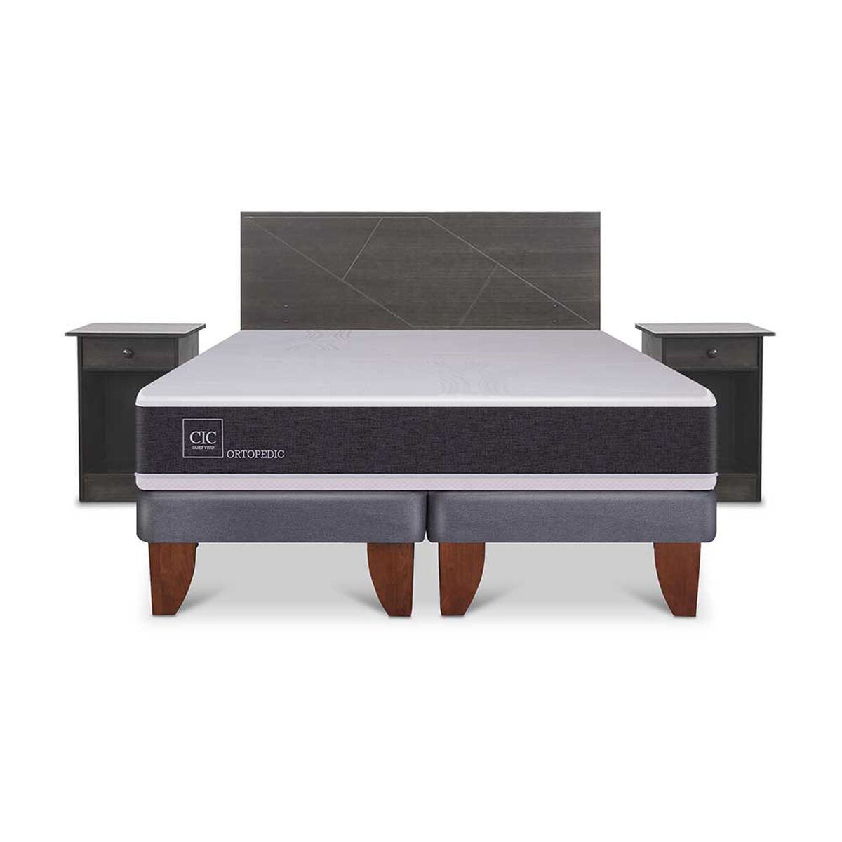 Cama Europea CIC Base Dividida King Ortopedic + Respaldo + 2 Veladores Villarrica