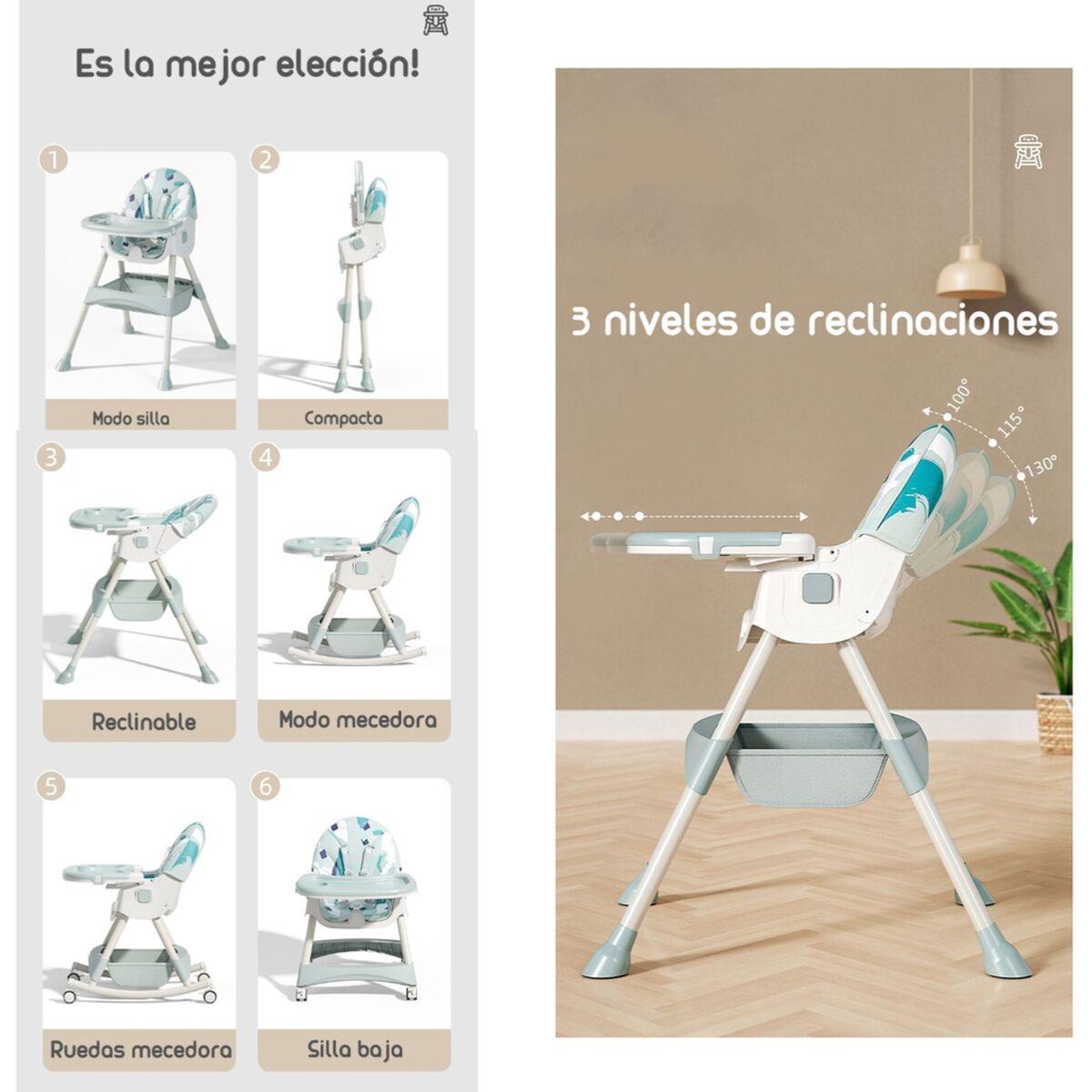 Silla de Comer Mecedora 2 en 1 con Ruedas Rosada Lubabycas