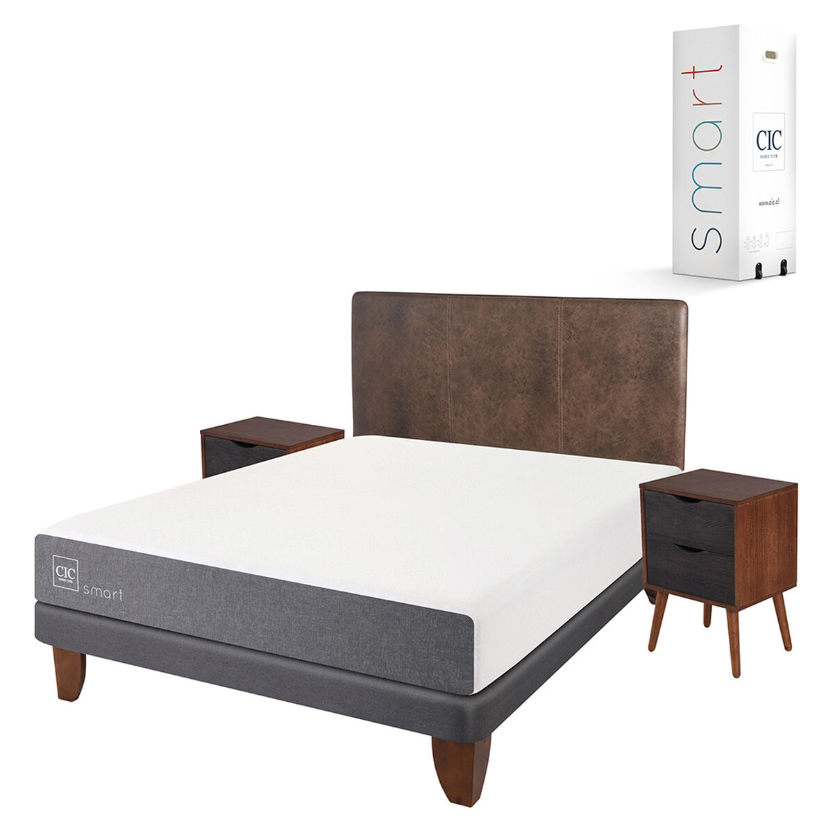 Cama Europea CIC 2 Plazas Smart + Respaldo + 2 Veladores Baker