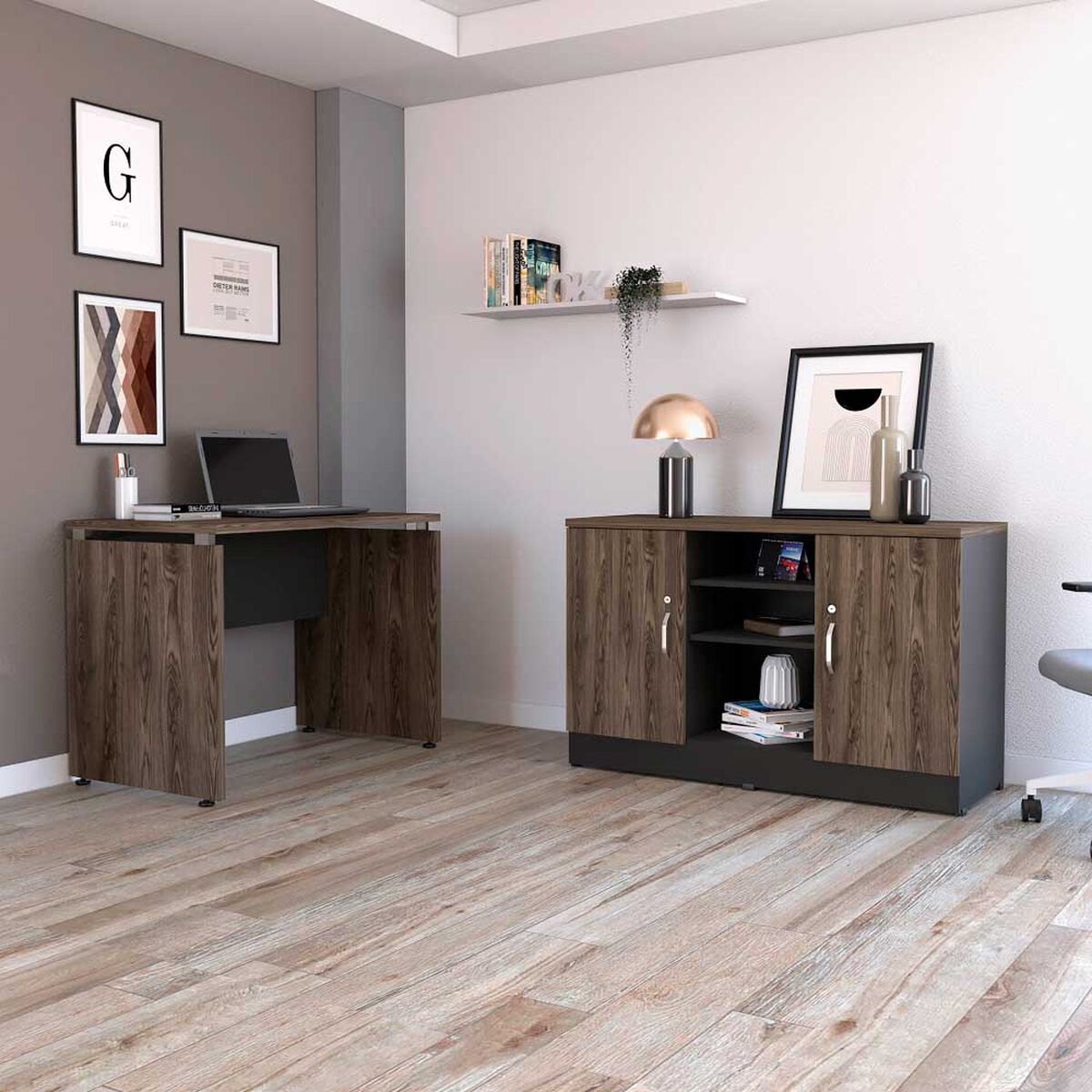 Combo Escritotio + Cajonera 2 Puertas TuHome Home Office Negro Soft-Co&ntilde;ac