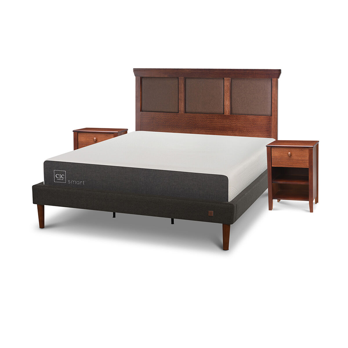 Cama Europea CIC King Smart + Respaldo New Torino Caramelo + 2 Veladores