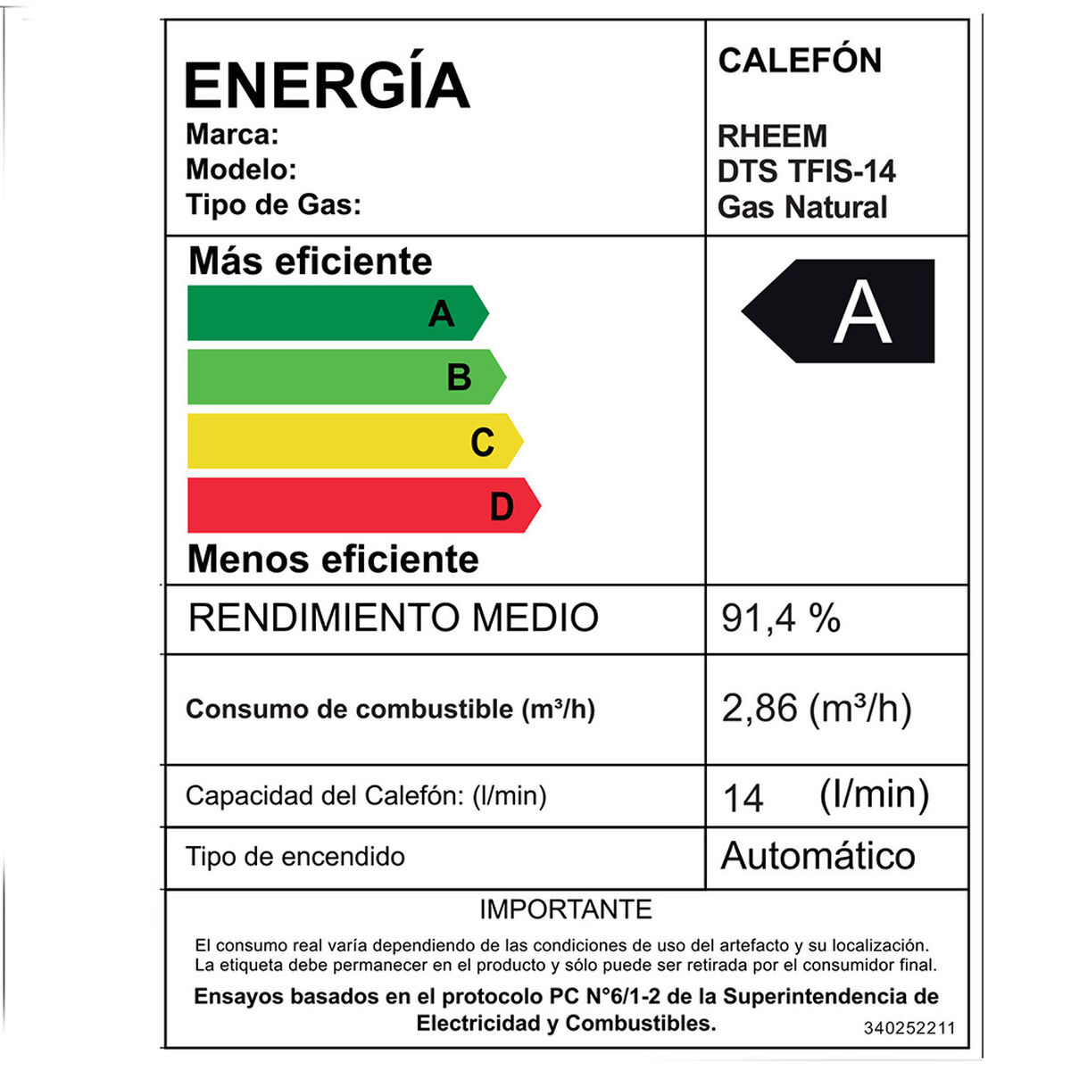 Calefont Gas Natural Rheem Tiro Forzado Ionizado 14 lts.