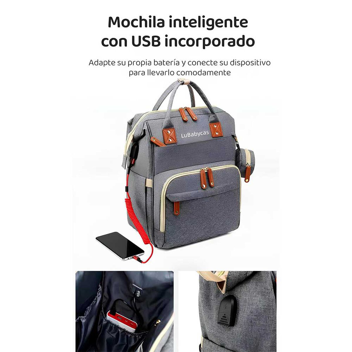 Mochila Maternal Lubabycas Impermeable con Accesorios Gris
