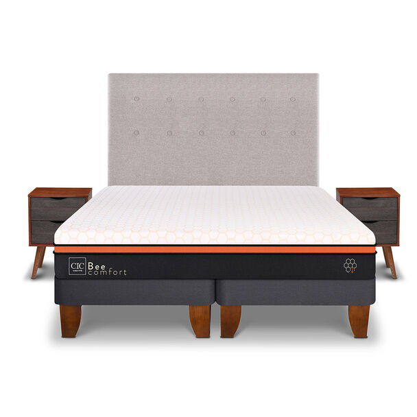 Cama Europea CIC Base Dividida 2 Plazas Bee Comfort + Respaldo + 2 Veladores