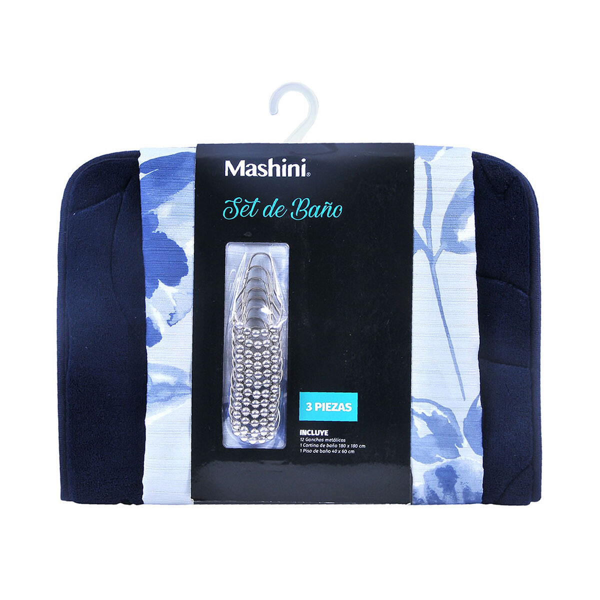 Set 3 Piezas Cortina de Baño + Piso Mashini Malva
