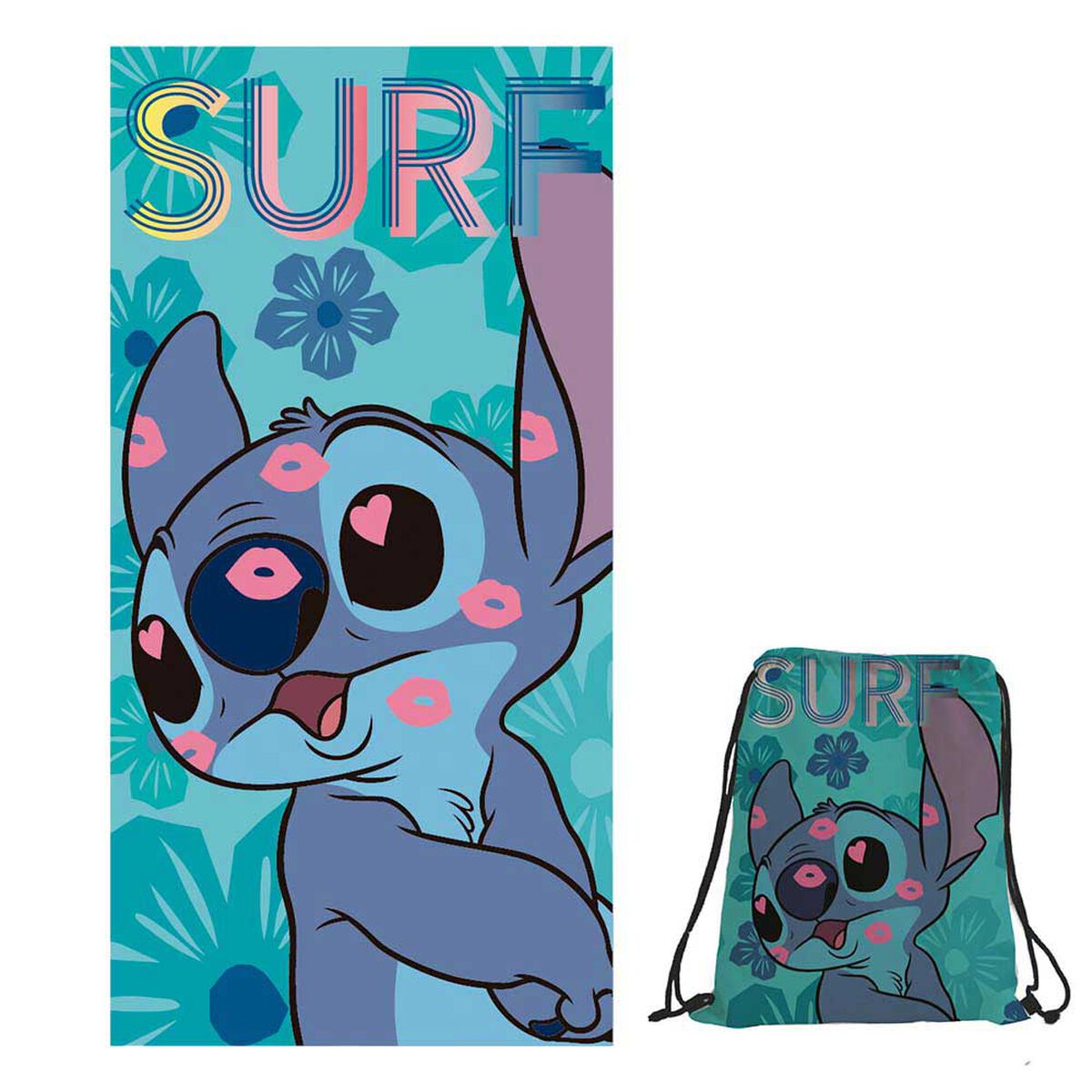 Toalla de Playa con Bolso Infantil Disney Stitch Surf 70 x 140 cm