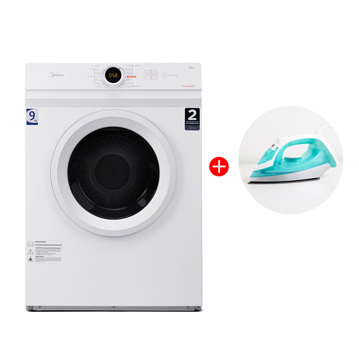 Combo Secadora de Ropa Midea MD100A90W 9 kg. + Plancha a Vapor Hyundai HY2472P