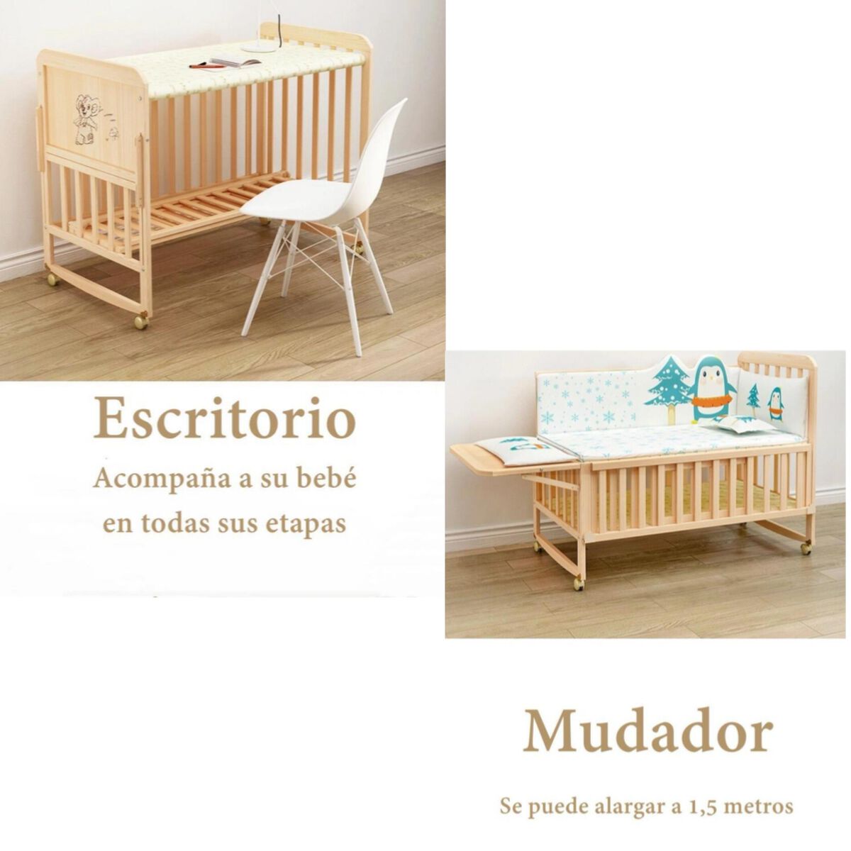 Cuna Colecho Madera Pack&Play con Mudador Rosad LuBabycas