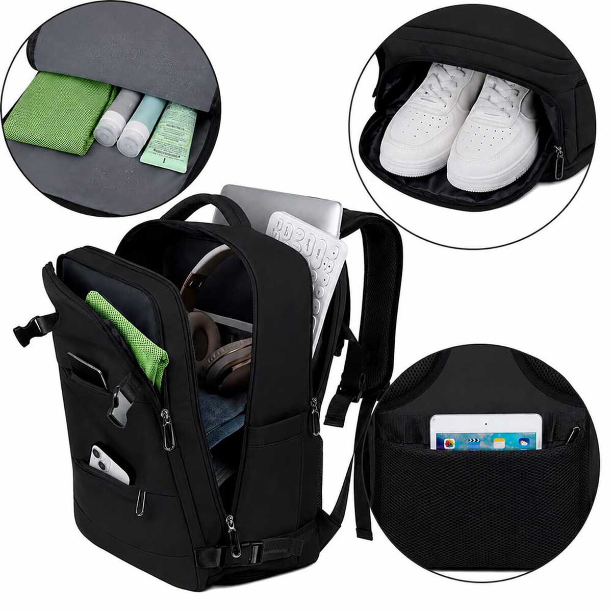 Mochila de Viaje Negra Laptop Compartimento Zapatos Impermeable De Gaune