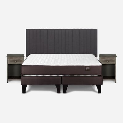 Cama Europea Rosen 2 Plazas Ergo T + Respaldo + 2 Veladores Grafito