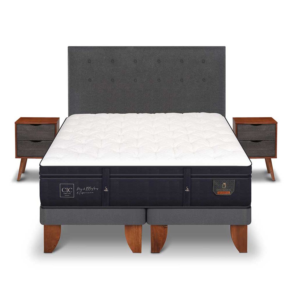 Cama Europea CIC Base Dividida 2 Plazas Súper Premium + Respaldo + Veladores