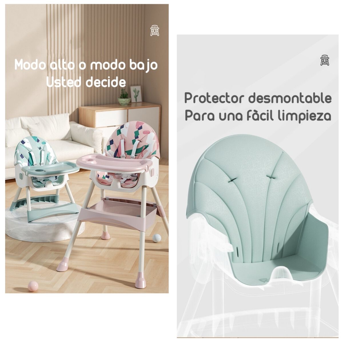 Silla de Comer Mecedora 2 en 1 con Ruedas Verde Lubabycas