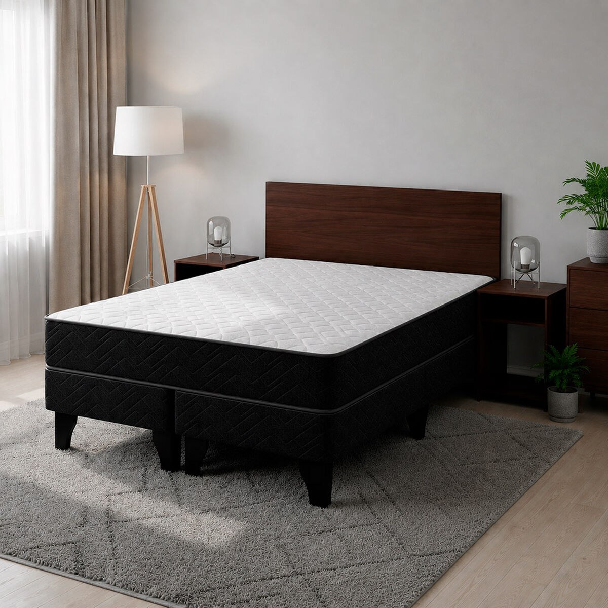 Combo Cama Europea Celta Base Dividida 2 Plazas C&aacute;diz + Respaldo + 2 Veladores Casanova 2 Plazas Nogal