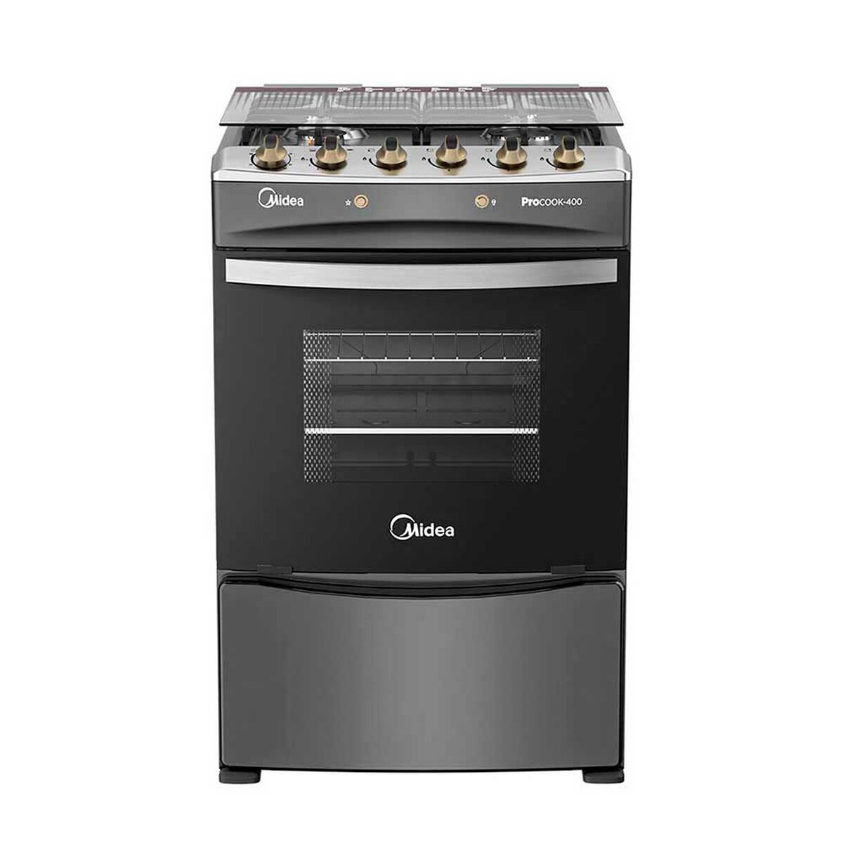 Combo Cocina a Gas Midea MCG-4QPI24NSCG 4 Quemadores + Set 5 Cuchillos + Pelador Zibel LK-NK73 Negro + Set 6 Utensilios de Cocina Casanova T4043-3A Negro